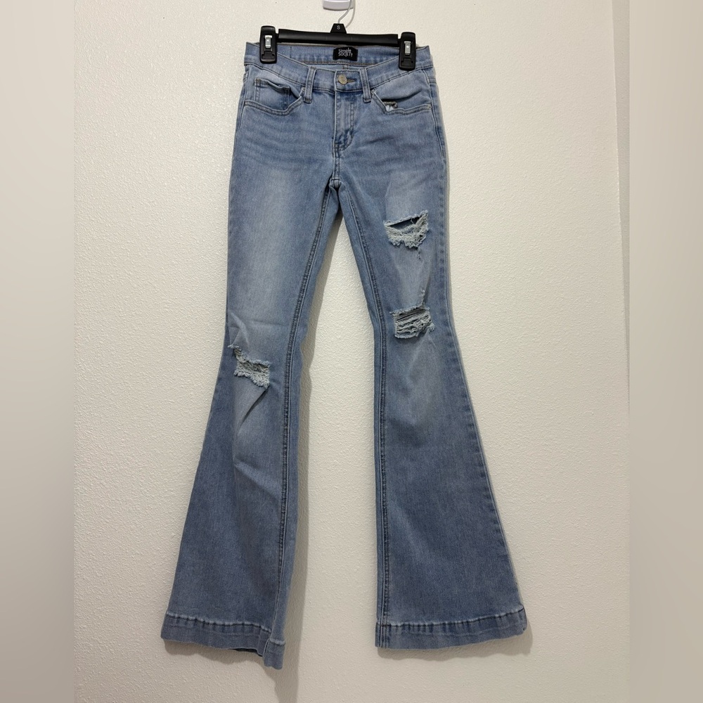 Simple Society Flare Jeans Womens 00/23 Medium Rise Distressed Blue Jeans